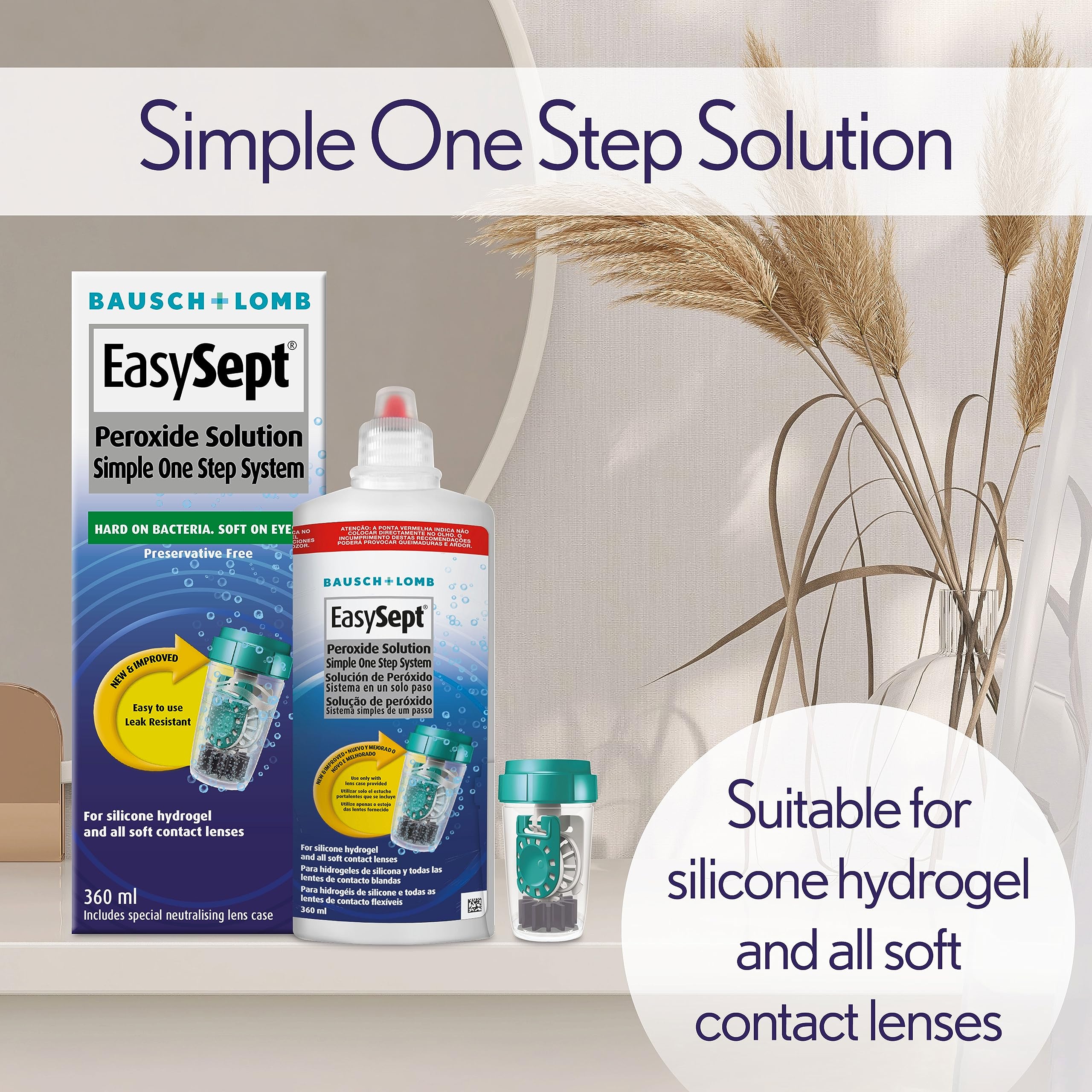 EasySept Hydrogen Peroxide Multipack, 3x 360ml Contact Lens Solution Simple One Step System for Disinfection of Soft Contact Lenses & Lens Case with Neutralising Disc, Suitable for Sensitive Eyes